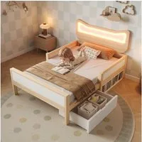 Flieks Kinderbett flexible Schublade & Staufach links/rechts montierbar, Massivholzbett 90×200 cm mit Katzenohren Kopfteil und LED‑Beleuchtung
