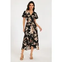 FS Collection Wickelkleid Damen Sommerkleid Freizeitkleid Wickelkleid Maxikleid V-Ausschnitt (XS (EU:36 / UK:8) · S (EU:38 / UK:10) · M (EU:40 / UK:12) · L (EU:42 / UK:14) · XL (EU:44 / UK:16), 4 Farben: Braun-Blau, Schwarz-Braun,Dunkelgrün gepunktet