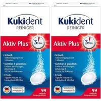 Kukident Aktiv Plus (2 x 99 St) Reinigungstabletten (Spar-Pack, [198-St. für Zahnprothese & Gebiss - Entfernt 99,9% der Bakterien)