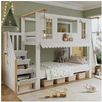 Flieks Etagenbett, Kinderbett Hausbett 90x200cm mit Rausfallschutz Stauraumtreppe Fenster