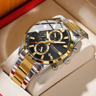 CURREN Business Men Watch Steel Band Multifunctional Chronograph Wristwatch Waterproof Round Watch, Ideal choice for Gif