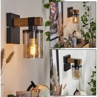 hofstein Wandleuchte »Ramera« Wandlampe aus Metall/Holz/Glas in Schwarz/Natur/Rauchfarben, ohne Leuchtmittel, Leuchte m. Schirm aus Echtglas im Retro/Vintage Design, 1xE27