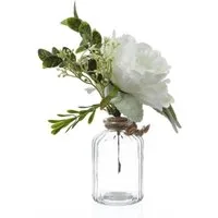 Kunstblumenstrauß Pfingstrose und Hortensie in Mini Glasvase Blumenvase Kunstblumen weiß, MARELIDA, Höhe 20 cm