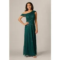 Adrianna Papell Abendkleid Bead Asymmetric Mesh Dress Handgenähtes, funkelnd verziertes Abendkleid