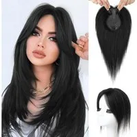 LuxusKollektion Toupet Topper Echthaar Frauen Clipin Pony 360 3D 26 CM Naturschwarz