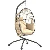 Luckice Hängesessel Hängender Outdoor-Schaukelstuhl mit faltbarem Korbsitz (und dicken Kissen, Ständer, Kopfstütze, Becherhalter), Hängestühle und Halterungen, Garten Hängestühle, Sitze und Kissen