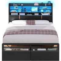 KIMENICH Polsterbett mit LED-Beleuchtung und 2 Schubladen, Regalkopfteil mit Stauraum (1-tlg., Ohne Matratze), Metallbett Jugendbett Bettgestell 140x200 cm