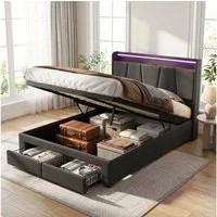 Furnishings Home Polsterbett LED Doppelbett Stauraumbett Mit Bettkasten (Hydraulisch anhebbarer Bettstauraum), Mit LED-Beleuchtung, USB & TYPE-C Anschlüsse, Leinen, 140x200 cm