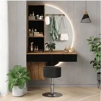 Vicco Schminktisch Melora, Eiche/Schwarz, 100 cm mit LED-Spiegel und Hocker (2-St)