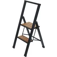 WENKO Trittleiter Modell Alu-Design, rutschsichere XXL-Stufen, robustes Aluminium in Kombination mit Bambus