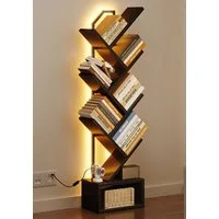ODK Bücherregal in baumförmiger Optik, 6 offene Regale in Schwarz/Weiß, 1-tlg., mit integriertem LED-Lichtband – Ideal für Wohnzimmer & Schlafzimmer