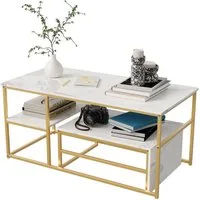 FUROKOY Couchtisch Beistelltisch Sofatisch wohnzimmertisch kaffeetisch 2er set (Quadratische,Set 2 in 1), Modern design Couchtisch mit goldenen beinen,Marmoroptik,Gold + Weiß