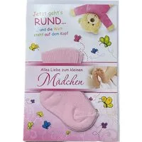 HOME FASHION Glückwunschkarte Geburt, Wilkommen Baby Mädchen - Paar rosa Socken - Grußkarten, Ideal als Geschenk