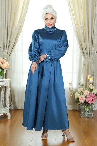 Perlen Satin Abendkleid Indigo
