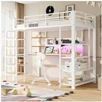 Celya Hochbett Eisen-Hochbett mit Lochblech, Schreibtisch mit CEE-Steckdose (mit LED-Beleuchtung, Mehrstöckige Ablagefächer und Vertikale Leiter, ohne Matratze) Ideal für Jugendzimmer, Studentenwohnungen