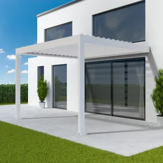 Pergola Weiß, Anbaupergola aus Aluminium, Lamellendach, 2 Pfosten, Verkehrsweiß RAL 9016, 1000x1600 mm oder nach Maß