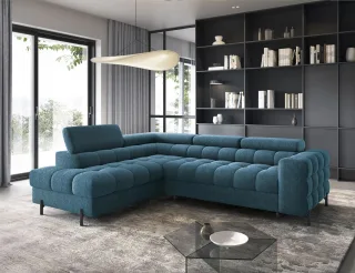 Ecksofa mit Schlaffunktion Sofa AMARA Stoff Aphrodite Dunkelblau Ottomane Links