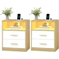 VASAGLE Nachttisch mit Ladestation, LED-Beleuchtung und Schubladen, mit 2 AC-Steckdosen und USB-Anschlüssen, 1er/2er Set