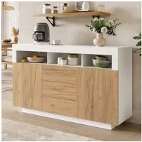 Flieks Kommode Aufbewahrungsschrank mit 3 Schubladen und 2 Türen (Schrank für Wohnzimmer, Flur, Esszimmer, Schlafzimmer, 1 St., B140/T40/H85 cm), Sideboard Mehrzweckschrank mit verstellbaren Einlegeböden Natur&Weiß