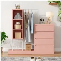 Merax Garderoben-Set mit mehrere Stauraumzonen, (Kleiderschrank, Kleiderstange und Schubladenschrank mit 4 Schublade), Kleiderschrank-Set, B140/W40/H135cm, weiß
