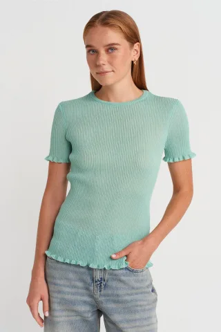 Schlanke Passform Rippensaum Bluse mit Rüschen