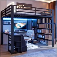 Flieks Hochbett Kinderbett 140x200cm mit Lichtleiste Stautreppe Schreibtisch Schublade