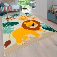 Paco Home Kinderteppich Bino 582, rechteckig, Höhe: 4 mm, Spielteppich, Motiv Tiere, Löwe & Giraffe, Kinderzimmer