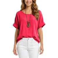 dy_mode Kurzarmbluse Damen Kurzarm Bluse Leichte Sommer Tunika Baumwollbluse Oberteil in Unifarbe, mit passende Kette