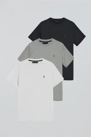 Dreierpack Kurzarm-T-Shirts mit Rigby Go-Logo marineblau, weiß und grau meliert