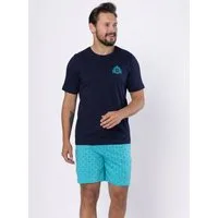 HOTBERG Shorty Pyjama Herren kurz reine Baumwolle (2 tlg) Dunkelblau-Türkis Pyjama mit modernem Look