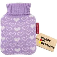 Hugo Frosch Wärmflasche Mini 0,2 l mit Strickbezug kleine Herzen, Made in Germany - Herzen lila