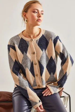 Geometrisches Strick-Button-Up-Crop-Cardigan