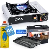 ZMC Gaskocher Edelstahl 1 flammig Campingkocher Gaskocher Grillplatte+4 Gaskartusche, (Grill Platte Tischgrill Doppel Gasbrenner Gasgrill Kochfeld mit Piezozündung Wärmeleistung: 2,2KW, 2,2KW), Butan Gas 227g Gaskocher Outdoor Camping Gas Kocher Herd