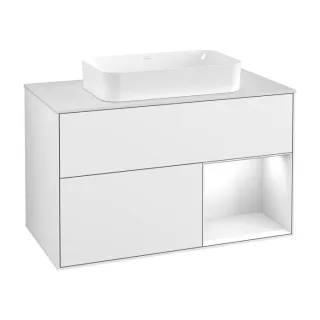 Villeroy und Boch Finion Waschtischunterschrank F251GFGF 100x60,3cm, Abdeckplatte white matt, Regal rechts Glossy white lacquer, Glossy white lacquer