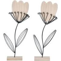 Levandeo® Dekoobjekt, 2er Set Deko Aufsteller Blume Metall Holz Schwarz Natur Draht Deko
