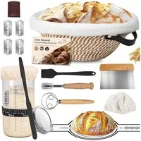PFCTART Gärkorb 10-tlg. Gärkorb Brotbackset Ø23 cm – Rundes Gärkörbchen Set, (Set 10-tlg), Handgeflochten & atmungsaktiv – Mit Starterglas & Backzubehör