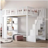 Merax Hochbett 90x200cm mit Stauraumtreppe und Sicherheitsgeländer (1-St) Kieferholz Jugendbett Kinderbett mit 3 großen Staufächern