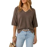 Arach&Cloz Kurzarmpullover Damen Oversized Sommer-Strickpullover, V-Ausschnitt (1-tlg) Ellenbogenlangarm, weicher Woll-Mix, luftig, für Büro Freizeit