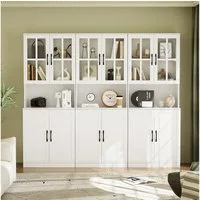 VOWNER Bücherregal mit Glastüren, offenem Fach & Arbeitsplatte – 5 Ebenen Hochschrank, 3-tlg., Vitrinenschrank Buffetschrank Standregal für Wohnzimmer & Büro