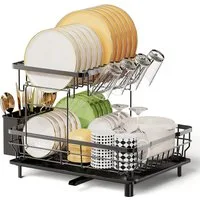Refined Living Geschirrständer 2-stufiges Geschirrabtropfgestell,Multifunktionales Abtropfgestell-Set, Zubehör für Geschirrabtropfer mit Abtropfwanne, Geschirr-Abtropfgestell, Abtropfgestell Küche, Geschirrständer für die Küchenarbeitsplatte mit 360°
