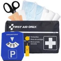 FIRST AID ONLY® KFZ-Verbandtasche Set DIN 13164 inkl. 5-in-1 Parkscheibe, Auto Verbandskasten, (Bundle), Notfalltasche für Auto und Motorrad