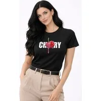 Banco T-Shirt Damen Cherry Drip Moderner Print Baumwolle Slim Fit Rundhals (Einzelartikel) Damen T-Shirt Cherry Print Baumwolle Rundhals Slim Fit Kurzarm