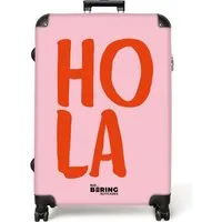 NoBoringSuitcases.com© Hartschalen-Trolley Rosa mit rotem Spruch 'hola' 77 cm - 98 L, 8 Rollen, Hartschalenkoffer Groß für 30kg, Frauen Reisekoffer Trolley