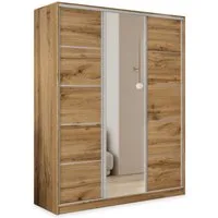 Masseno Schwebetürenschrank PINA 150 cm Kleiderschrank mit Spiegel 3 Türen Eiche Wotan