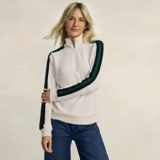 Waffelstrick-Pullover mit Zierstreifen und Reißverschluss, Damen,  Weiß, Elasthan/Baumwoll-Mischung/Polyester-Mischung, by Lands' End