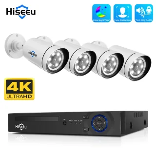 Hiseeu 4K UHD 4CH 8MP PoE Security Camera Kit Color Night Vision Two-way Audio Humanoid Detection Remote APP Viewing Out