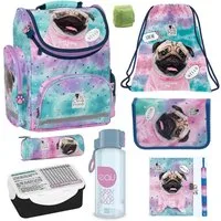 Familando Schulranzen Mädchen Komplett-Set ab der 1. Klasse (Set, 8-tlg., inkl. Federmappe, Schlamper, Turnbeutel, Notizblock, Dose & Flasche), Leicht, 15L Volumen, süßes Hunde-Motiv