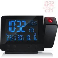 BEARWARE mit Projektion und Außensensor, Funkwetterstation, DCF-Funkuhr Wetterstation (Netzteil, Außensensor, Bedienungsanleitung, Wettervorhersage, USB-Ladefunktion, 8-farb. RGB Hintergrundbeleuchtung)