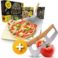 Sidorenko Pizzastein Backstein für Backofen & Gasgrill inkl. Pizzasschieber und Pizzamesser, (4-St., Pizzaschieber, Rezeptbuch und Pizzamesser), Pizzastein rechteckig aus Cordierit für knusprigen Pizzaboden