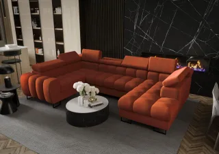 Wohnlandschaft Schlafsofa BASTIEN in Stoff Moly Ziegelrot Ottomane Rechts
